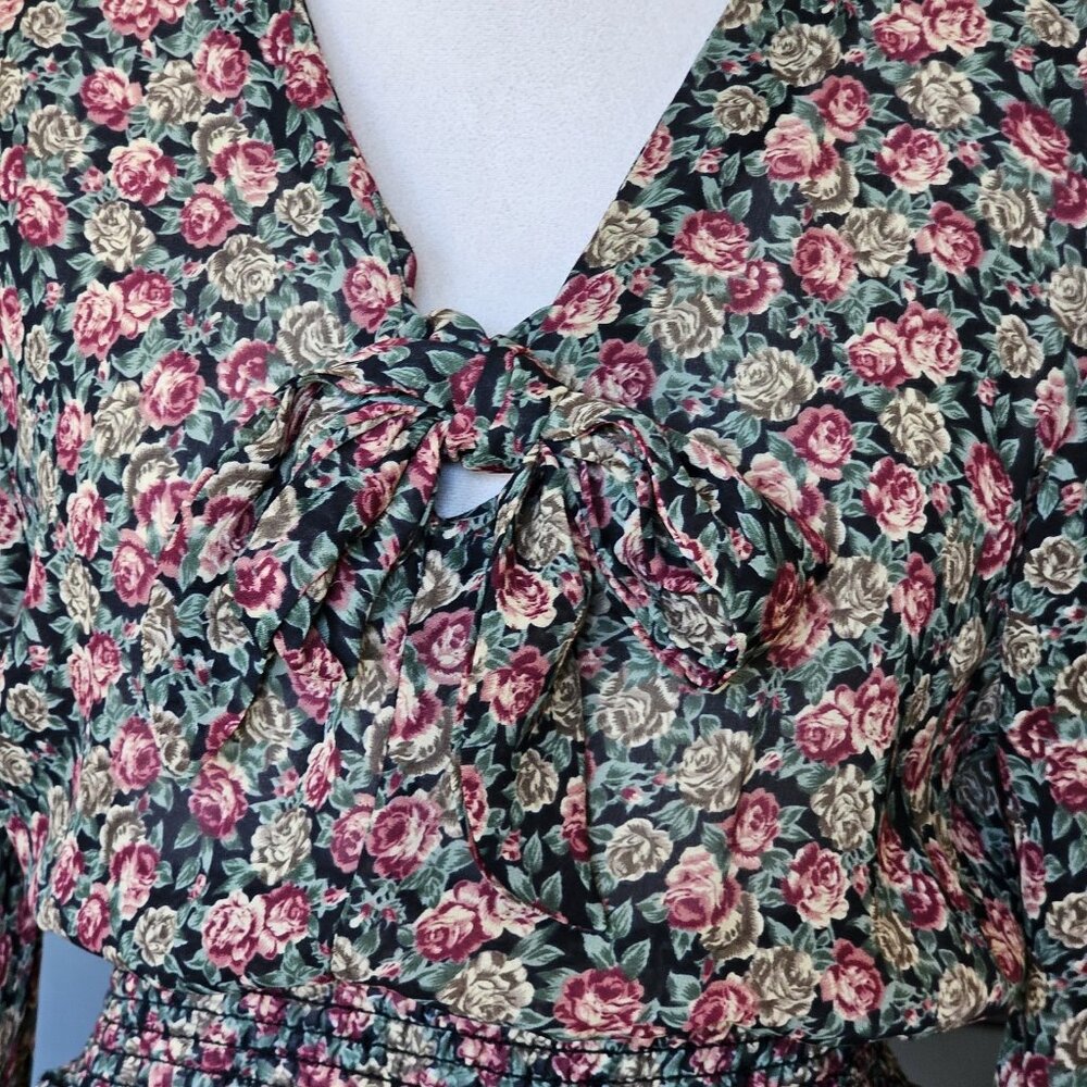 90s Smocked Dark Floral Dress Boho Chiffon Blouson Smocked Sz S Long Sleeve - Picture 6 of 10